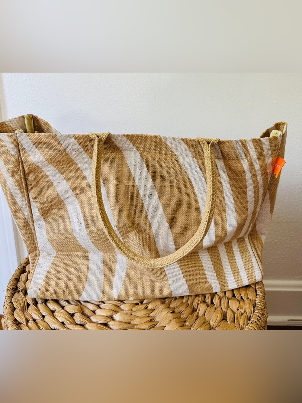 BRING IT Striped Jute Tote Bag Tan Cream Braided Handles Excellent Condition